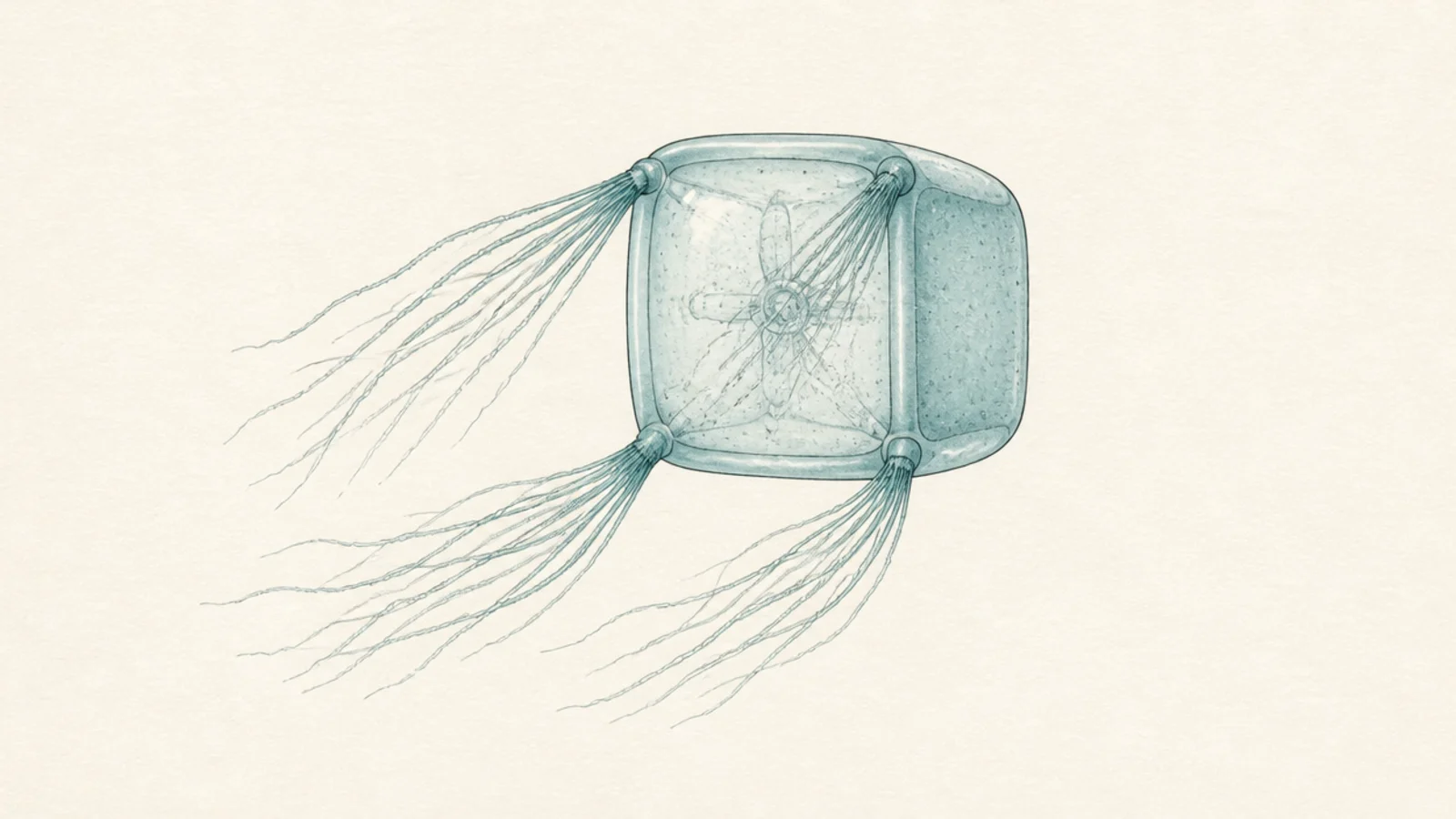 A box jellyfish seen from the side showing the cube edge-on