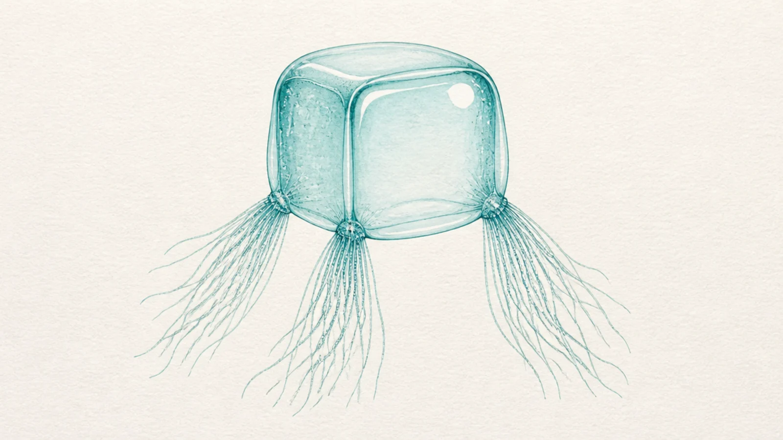 A soft pale turquoise box jellyfish
