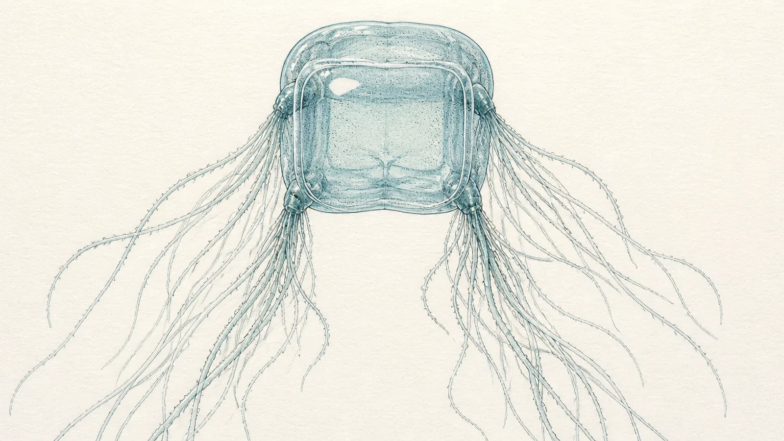 A bold, striking box jellyfish drawn as a cool marine-life feature