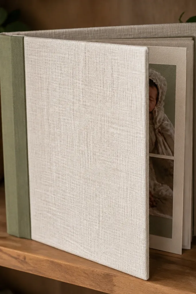Cream cardstock album covered in soft fabric with a stitched look ribbon spine