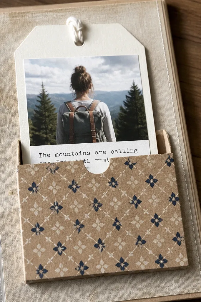 Cardboard pocket on a scrapbook page holding a tag with twine tied at the top