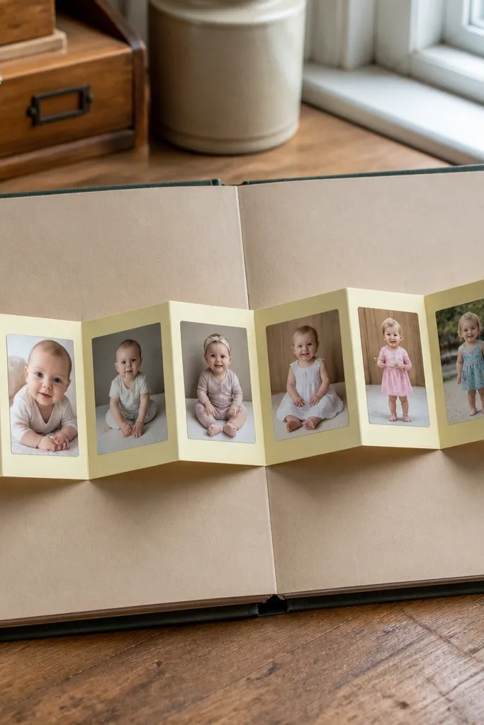 Accordion strip on scrapbook page with eight small panels, each holding a milestone