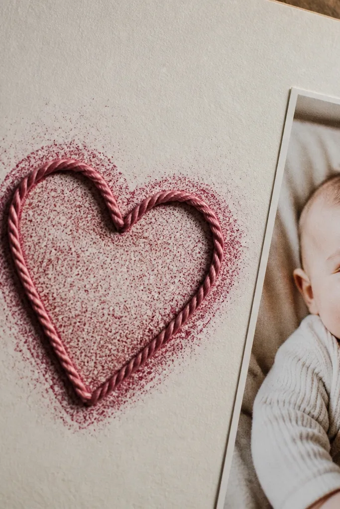 Scrapbook page with a heart made from stitched thread lines and a centered