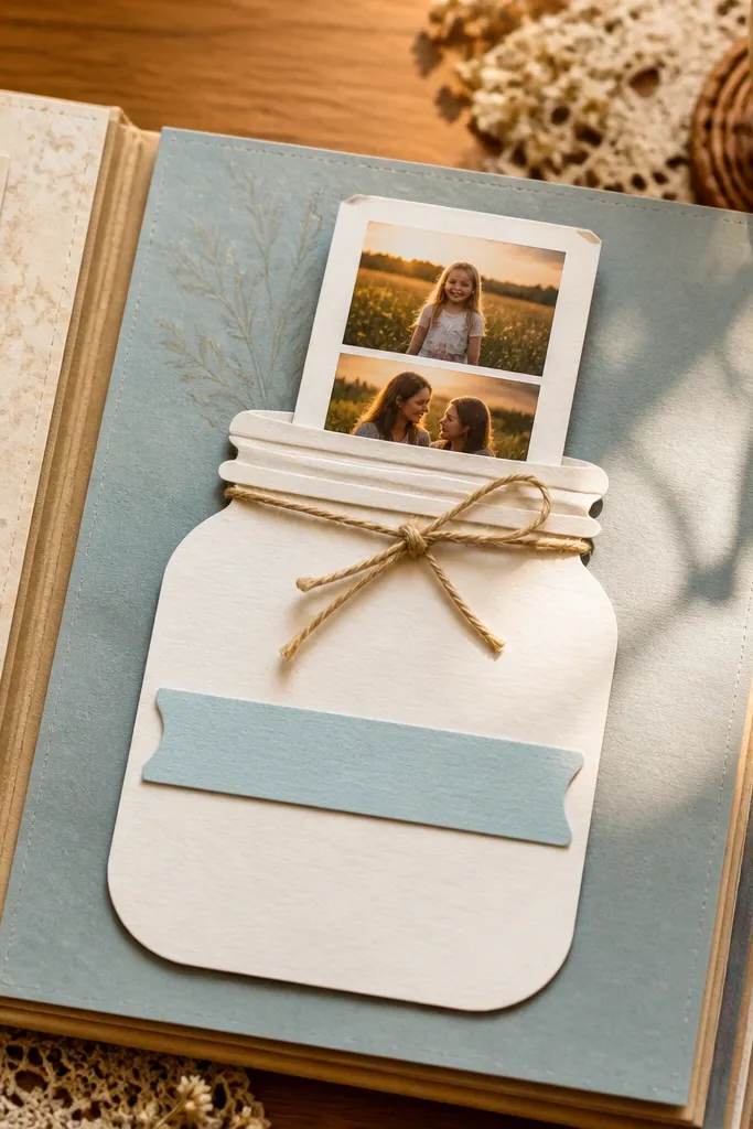 Jar-shaped label on scrapbook page with twine tied around a small pocket