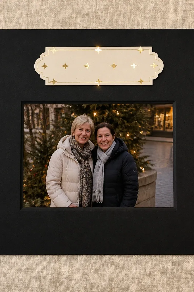 Black mat with a foil dotted nameplate above and a small baby