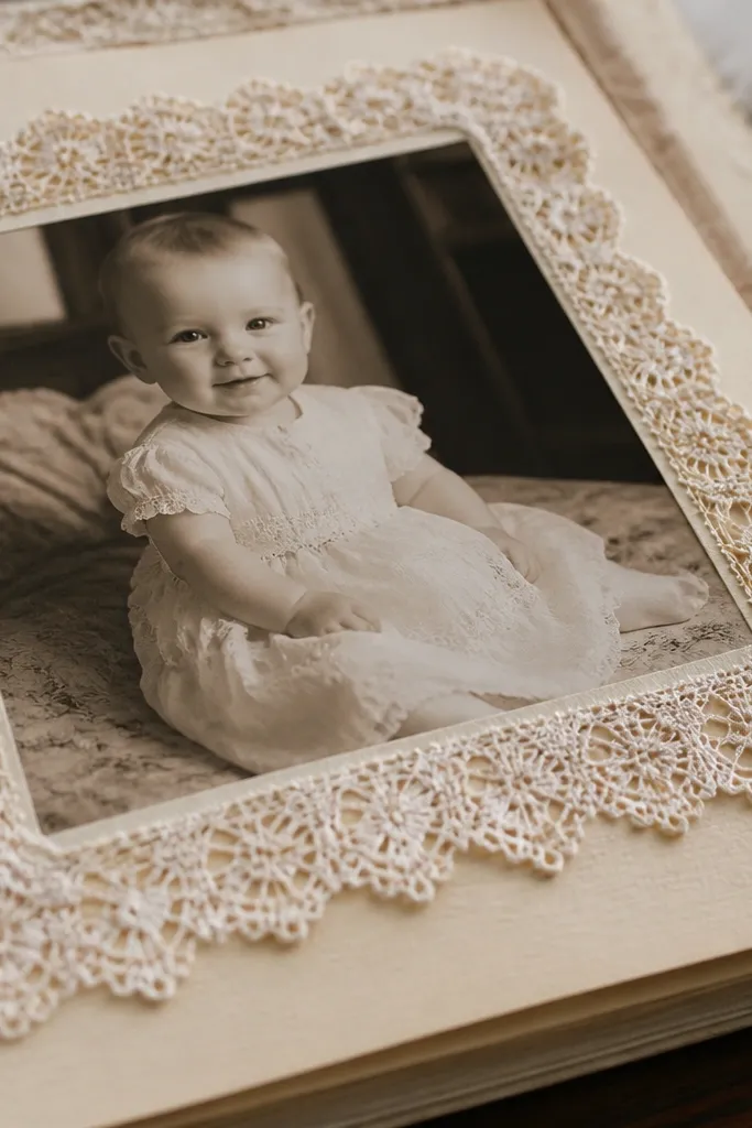 bordered by lace trim on scrapbook page with a simple cream label strip