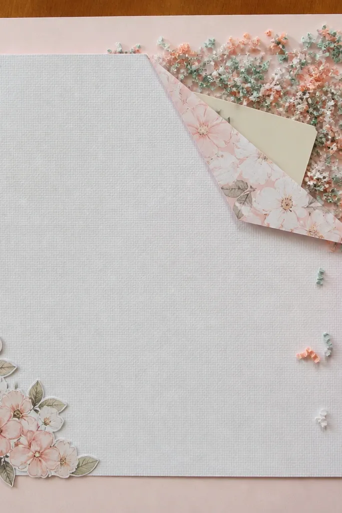 Corner of scrapbook page filled with crinkle paper confetti and a small hidden note pocket