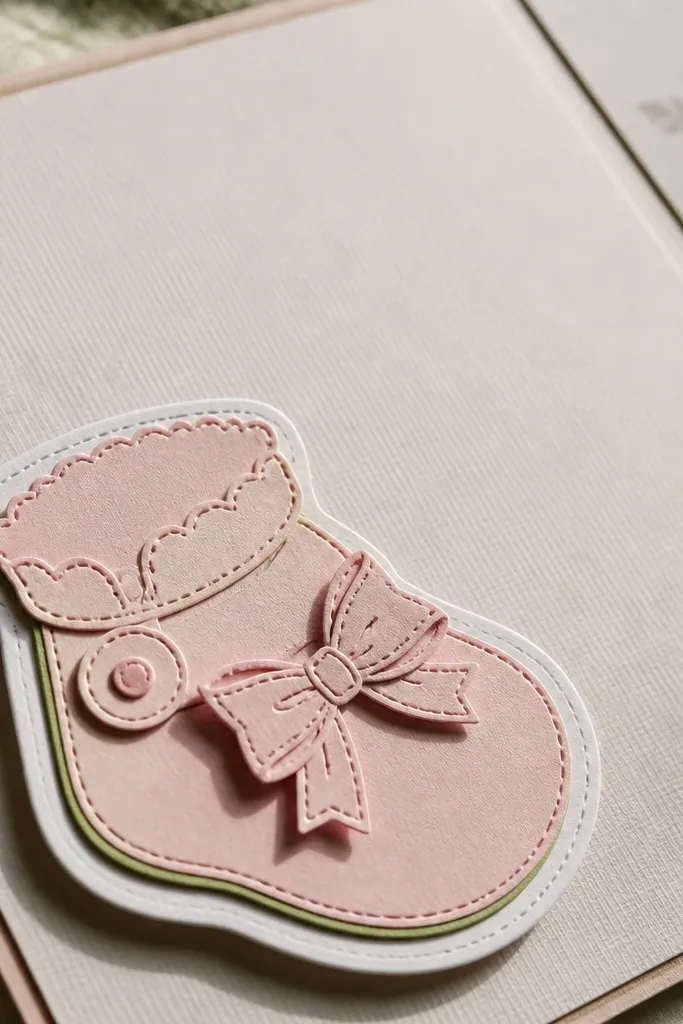 Bootie silhouette cutout on scrapbook page with layered cardstock and a small beneath