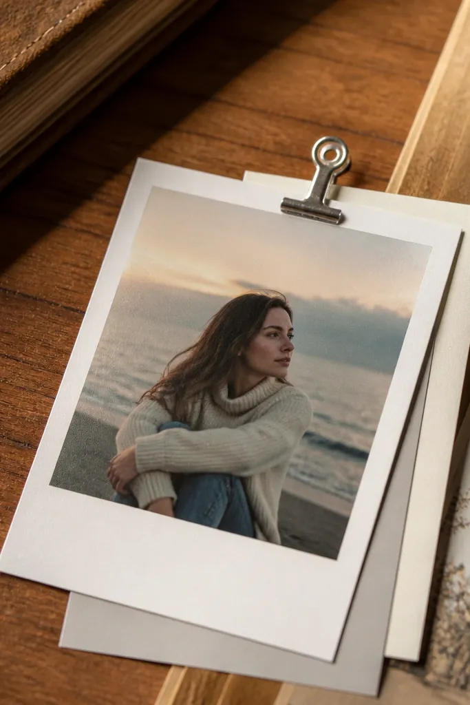 Polaroid-style layers on scrapbook page held by a small paper clip