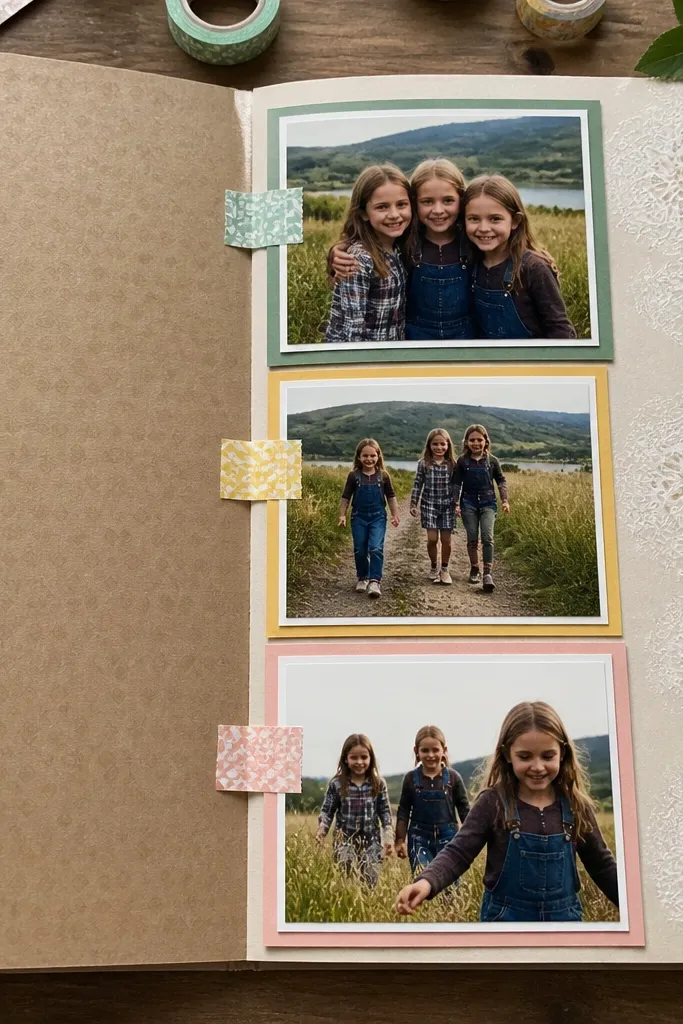 Three vertical photos on a page connected by washi tape hinges and a label strip