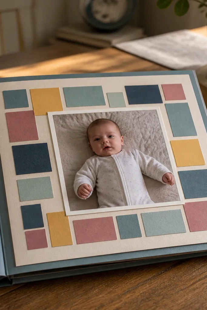 8x8 scrapbook page with a grid of colored blocks and one centered