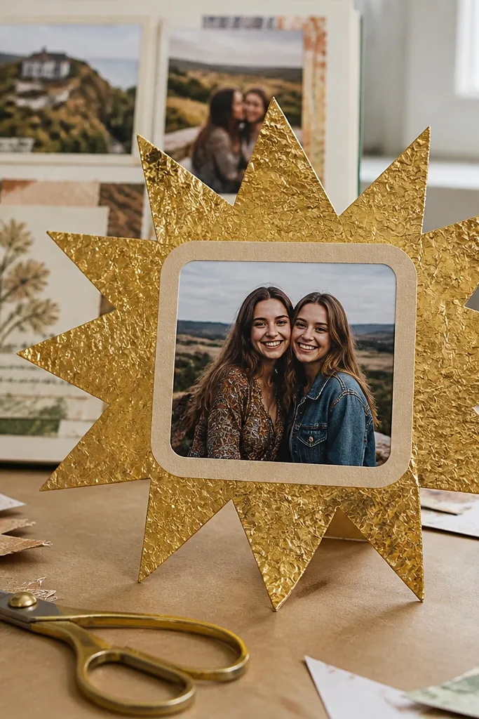 Starburst frame cut from gold packaging around a baby on scrapbook page