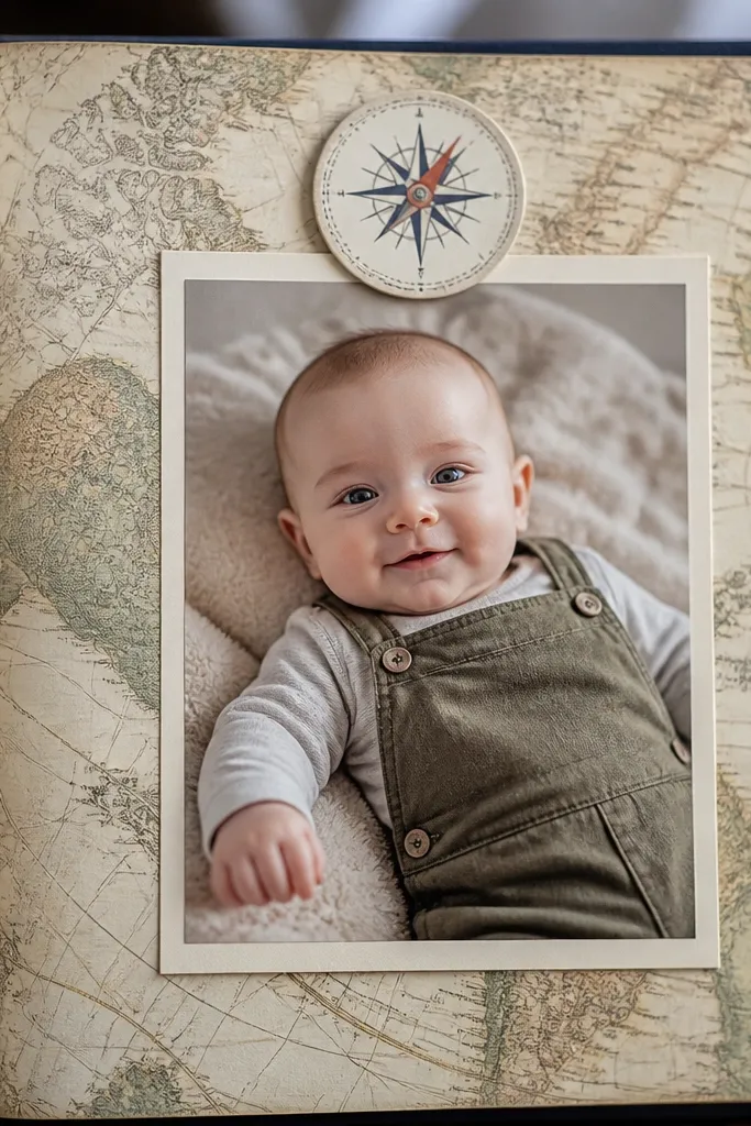 Map-print paper page with a compass label and one baby centered