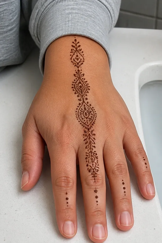 Thin vine line from wrist to middle with small dots near knuckles
