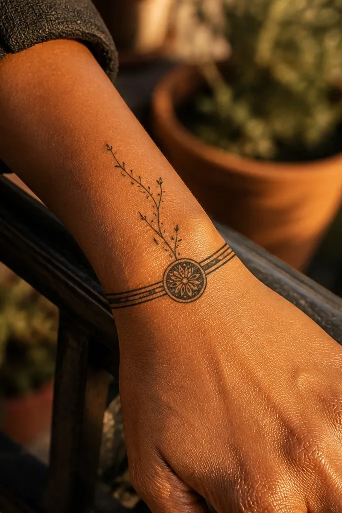 Back of hand with a thick wrist band and a center medallion, two thin vine lines up toward fingers