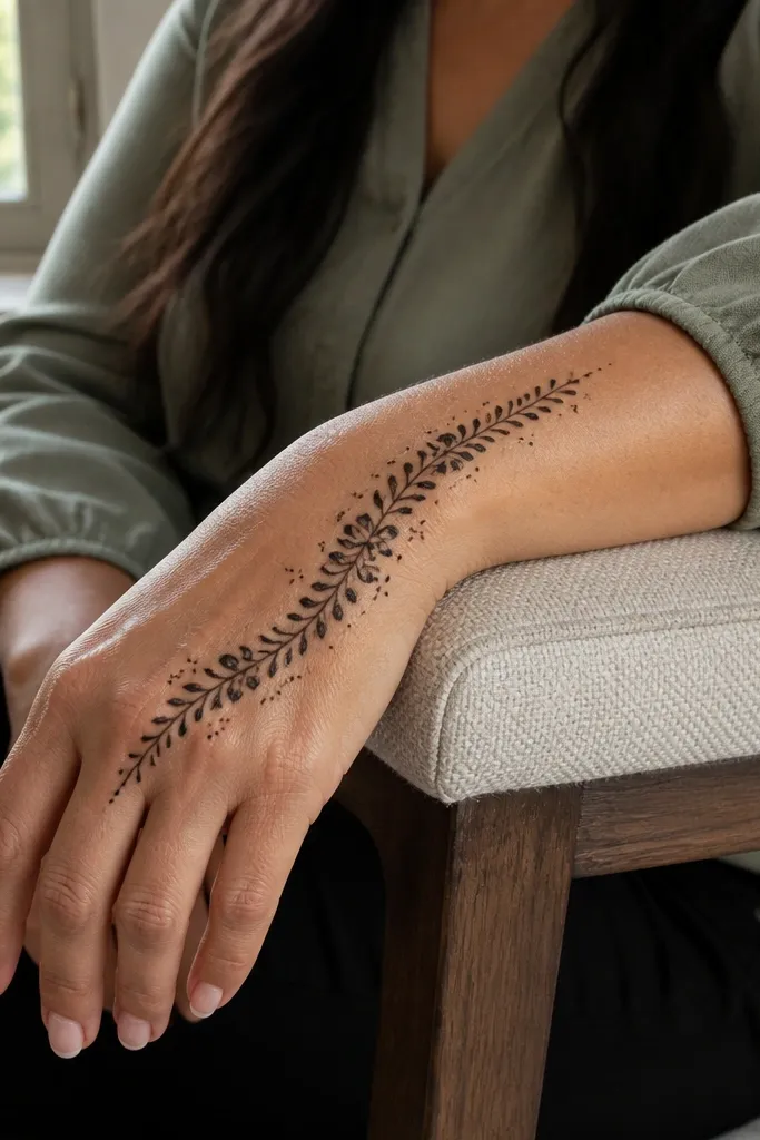 Diagonal vine pattern across the back of hand with small cross dots and light finger caps