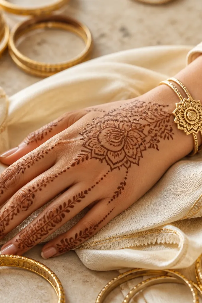 Stacked lotus medallions on back of hand with a thin vine border and small finger caps