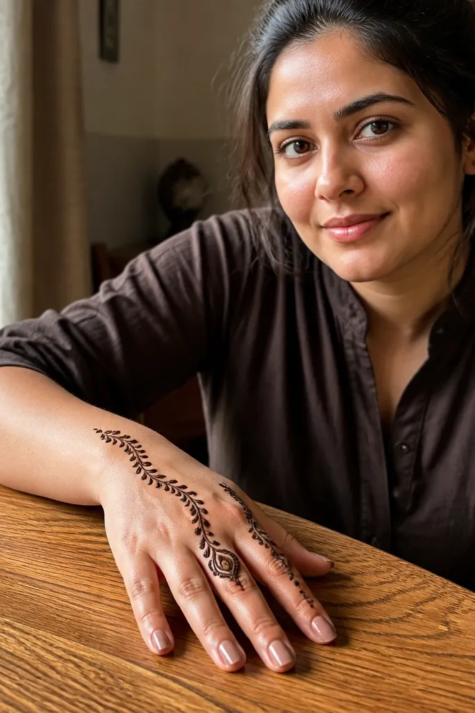 S-curve vine on back of hand with a center chain of teardrop shapes and light wrist band