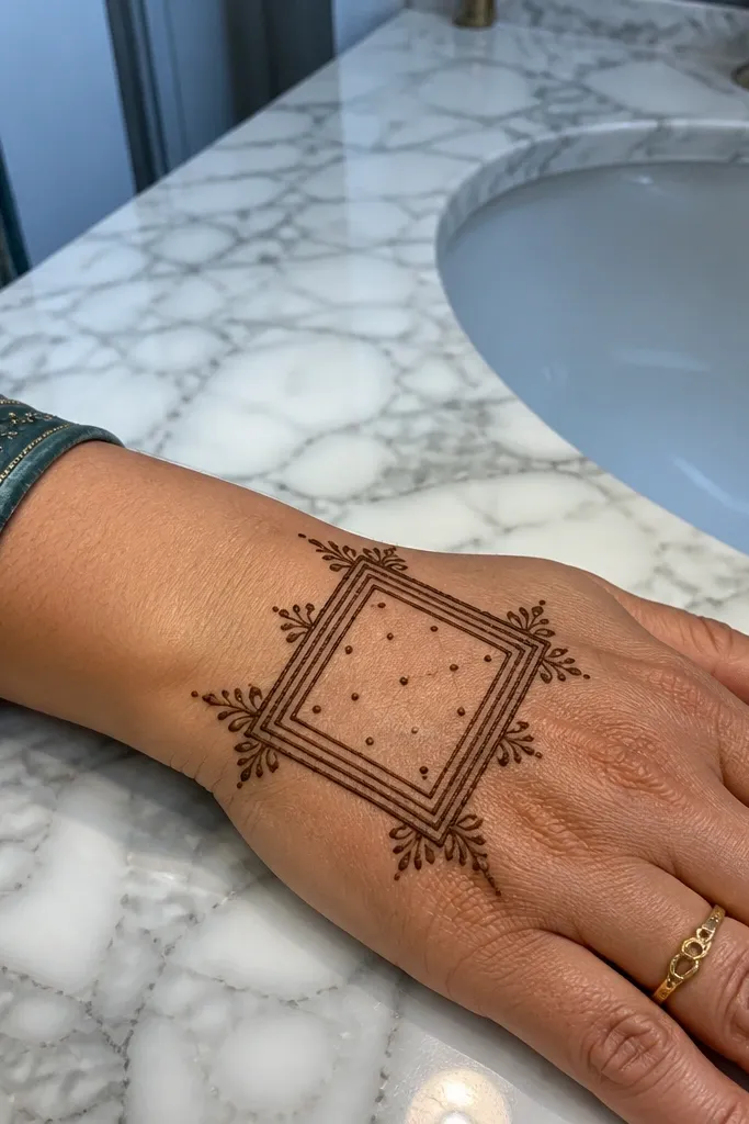 Minimal Arabic-style frame around a central motif on back of hand with small dots and finger caps