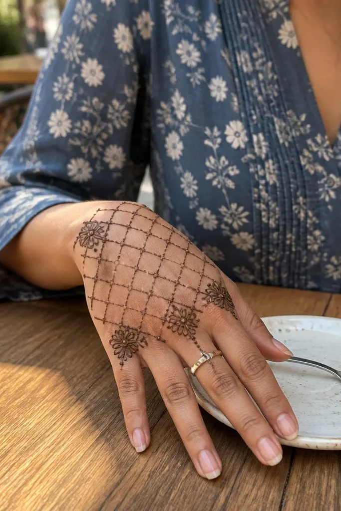 Lattice net pattern across back of hand with floral corner motifs and a wrist band
