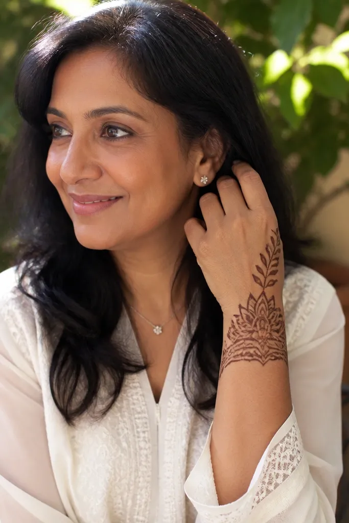 Half-moon mandala at wrist with side leaf motifs going up toward fingers