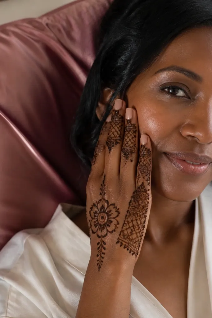Center flower medallion on back hand with two small side panels and a wrist band