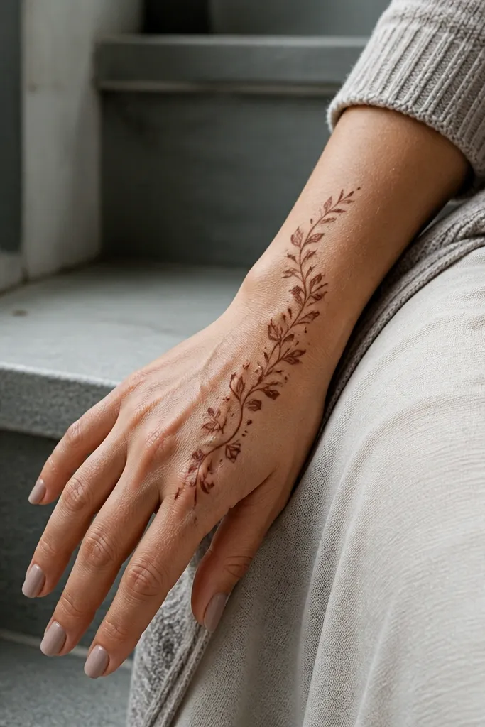 Vine starts near knuckle area on back hand and flows downward to wrist with dots