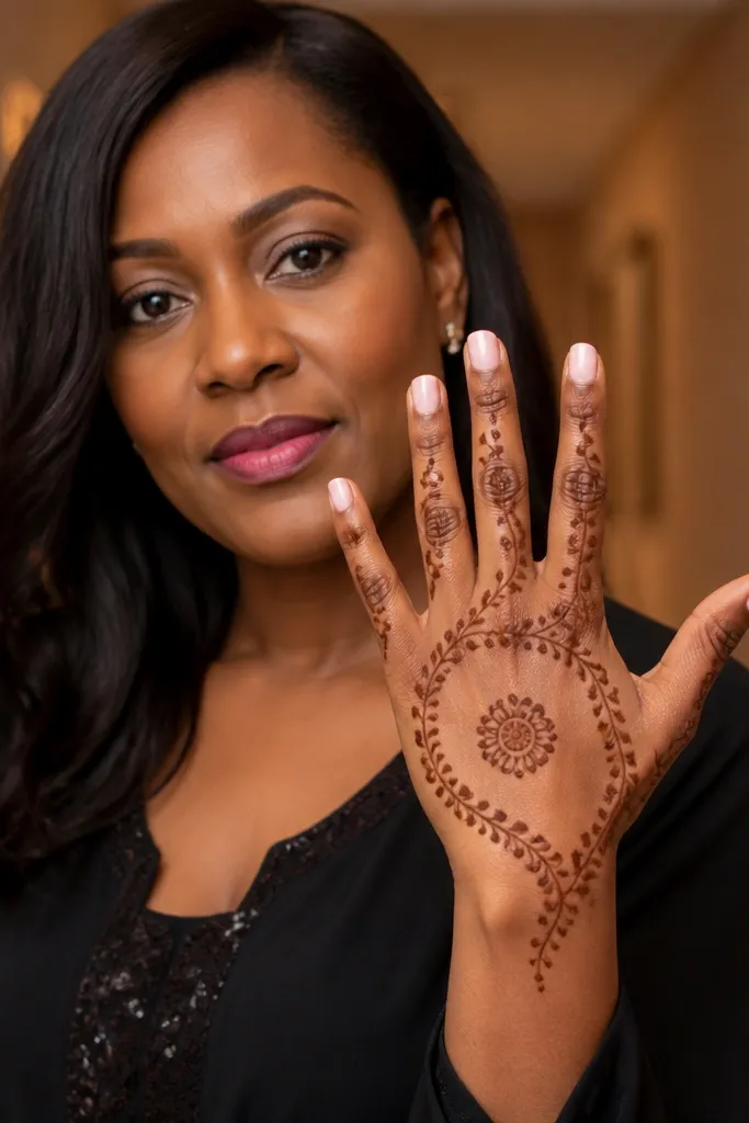 Arabesque vine loops around a small center motif on back hand with fine dot accents
