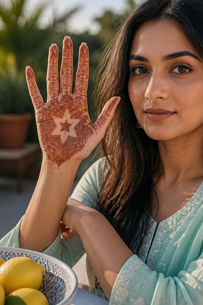 Center star motif on back hand with small petal halos and light wrist band