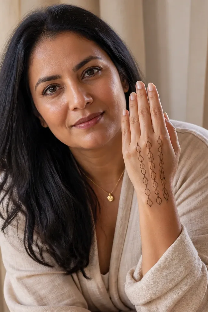 Three teardrop cascades running down back of hand with small dots and a wrist band