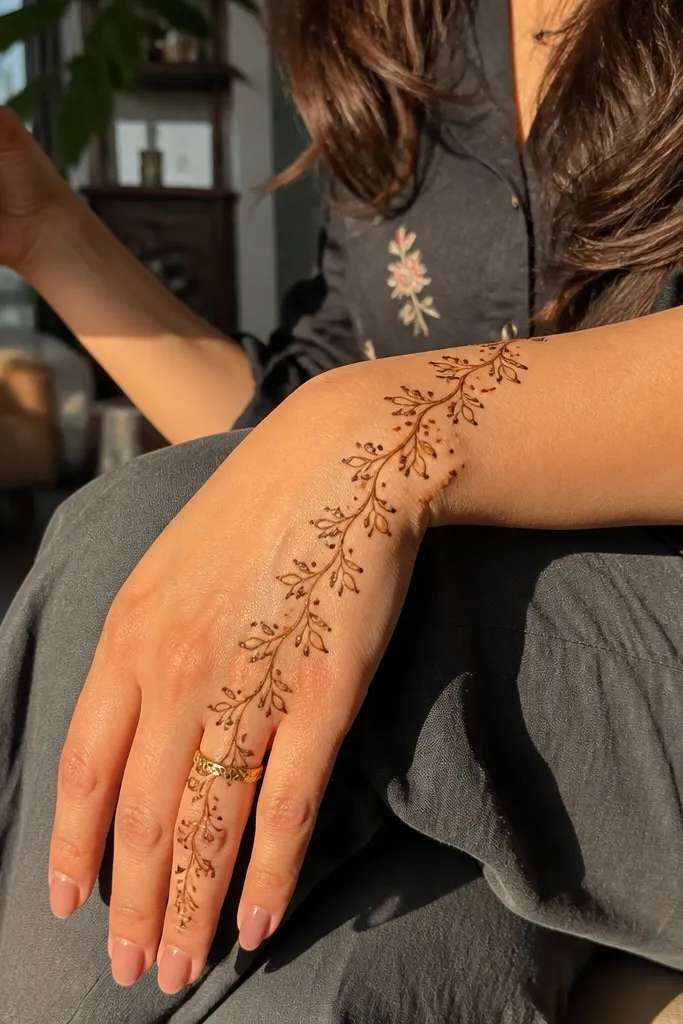 A diagonal vine line with small leaf steps from wrist to knuckles on the back hand