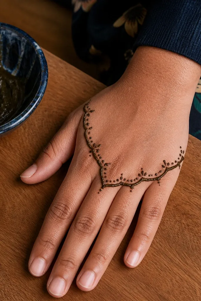 Scallop pattern framing the knuckles with small dot accents on the back hand
