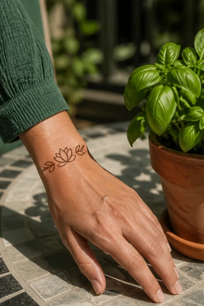 Lotus flower band across the wrist with two small side leaves on the back hand