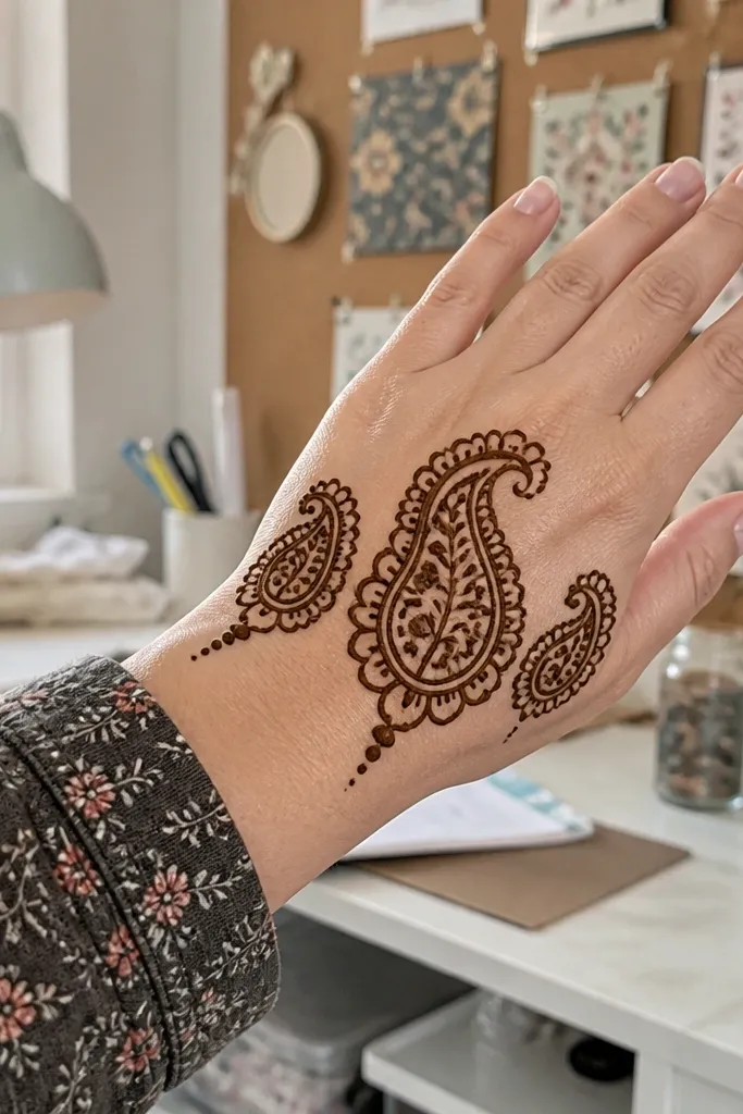 Three paisley shapes arranged in a row across the back hand with fine dot connectors