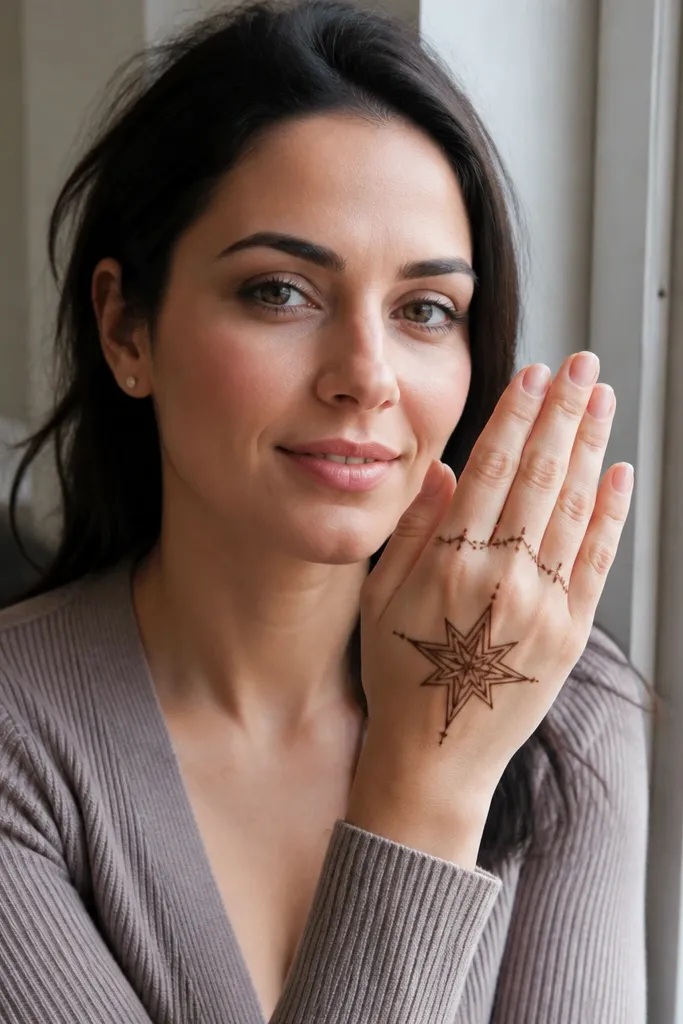 An arch motif near the finger bases with a single star in the center of the back hand