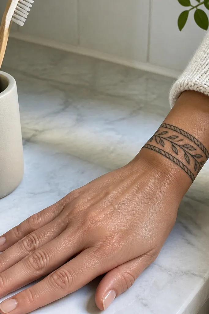 A rope-like double border at the wrist with hollow leaf outlines extending inward