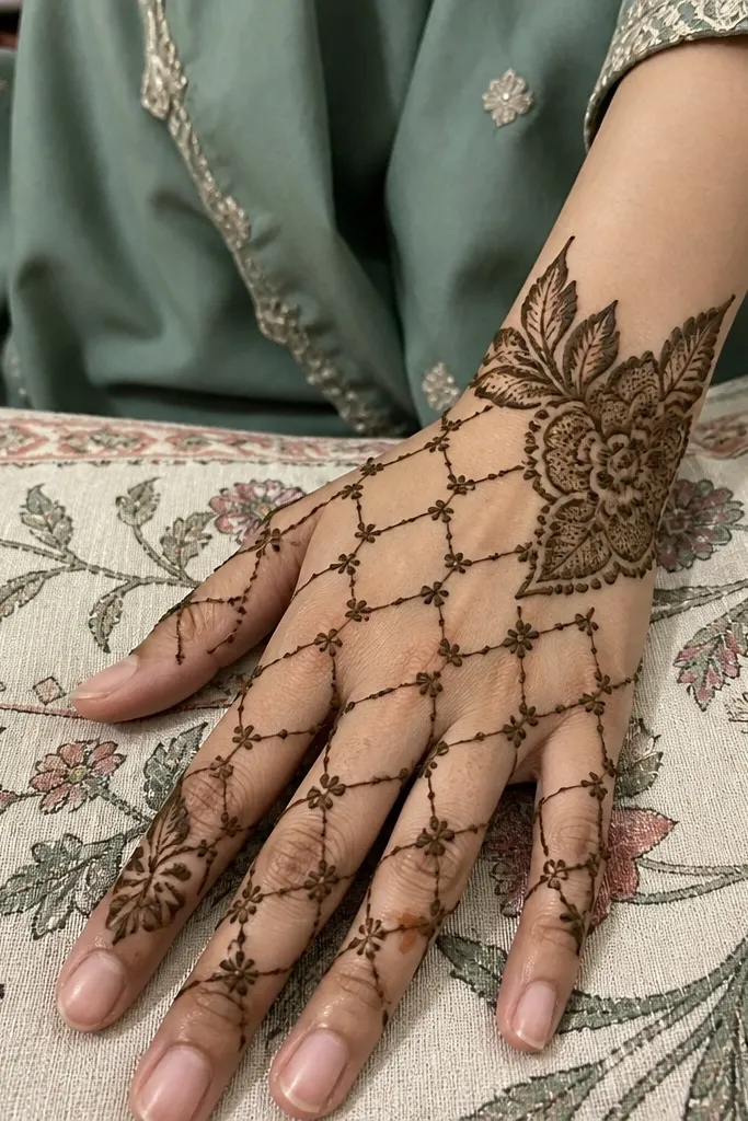 A light lace net pattern panel on the back hand with a bold corner leaf cluster