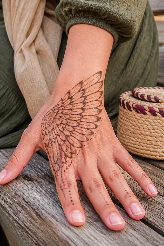 A feather fan motif on the back hand with a wing-like curve and dot accents