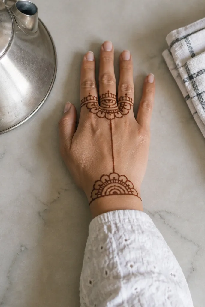 Half-moon borders at the wrist and near finger bases with a mirrored flow on back hand
