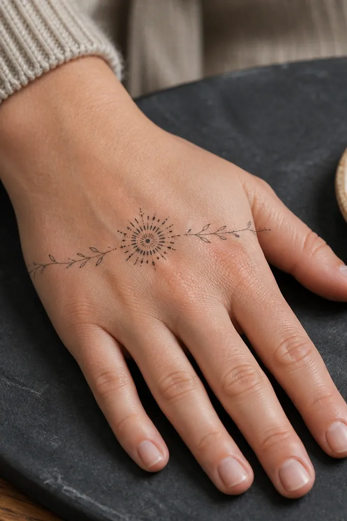 A small dot mandala in the center with two side runner lines on the back hand