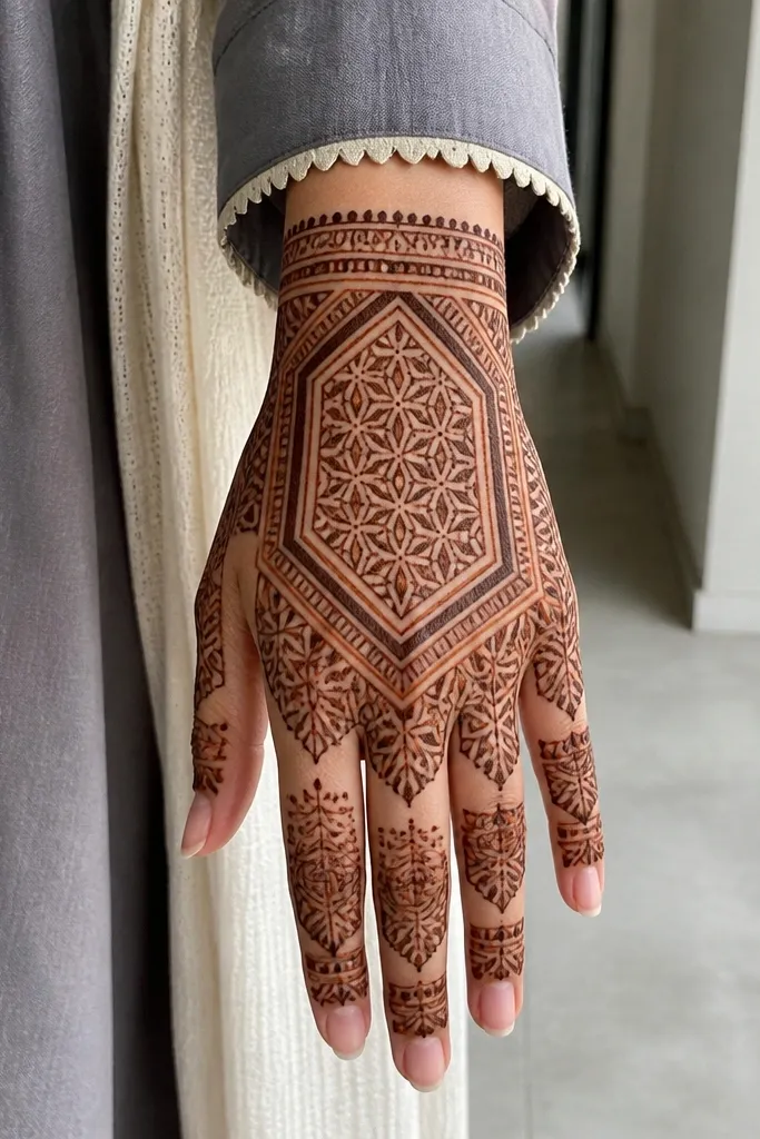 Geometric block pattern from wrist to knuckles with outlined squares and triangles