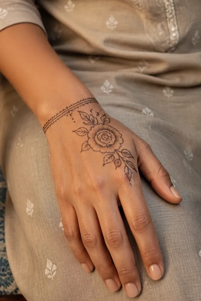 A rosebud cluster in one corner of the back hand with outlined petals and light center dots