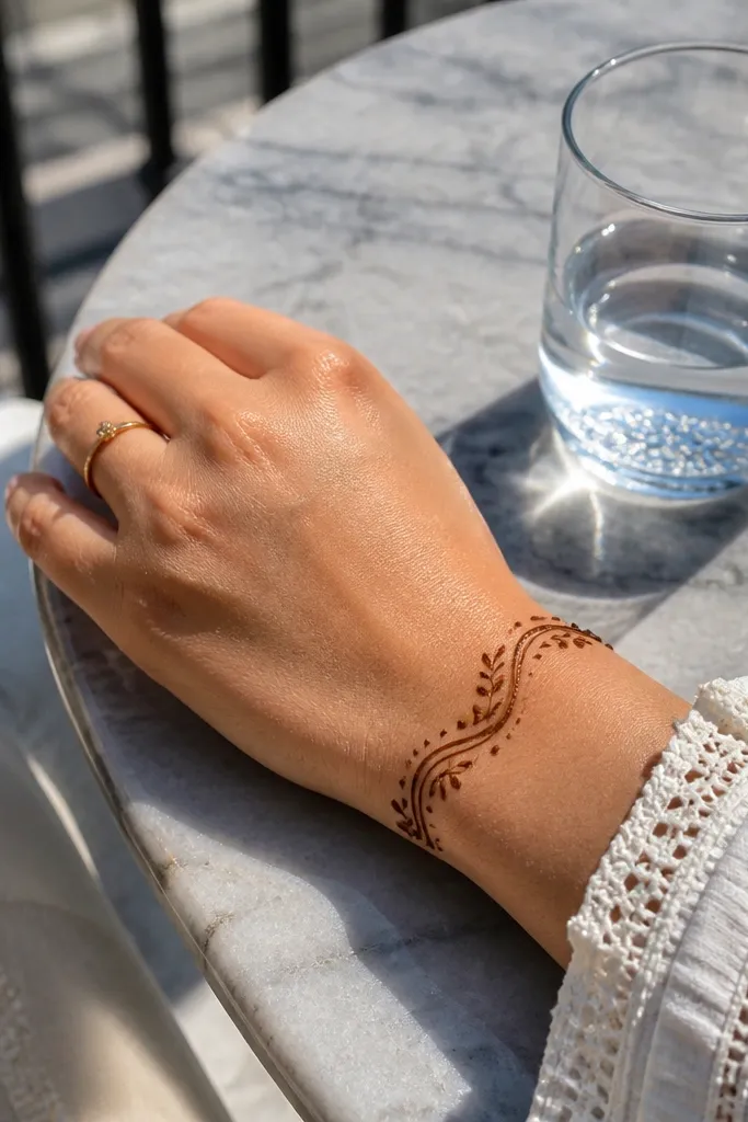 A wavy bar band on the wrist with micro leaf dots extending down the back hand