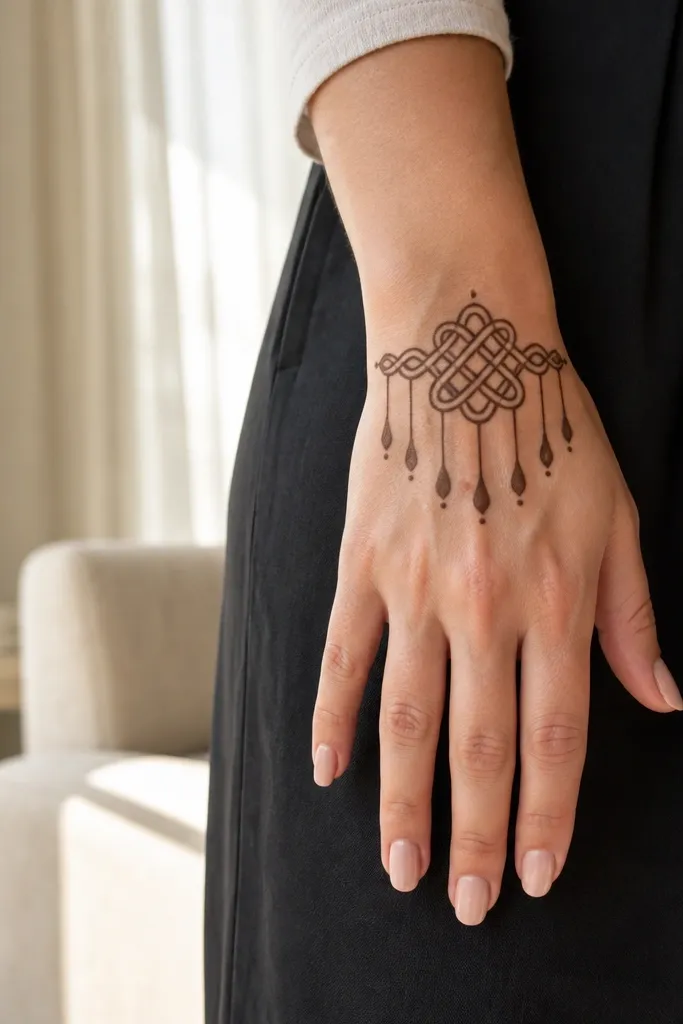A central knot shape with teardrop fringe hanging toward the wrist on the back hand