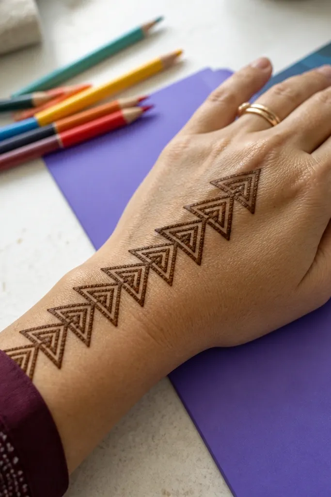 Stacked triangle ladder pattern running from wrist to the center back hand