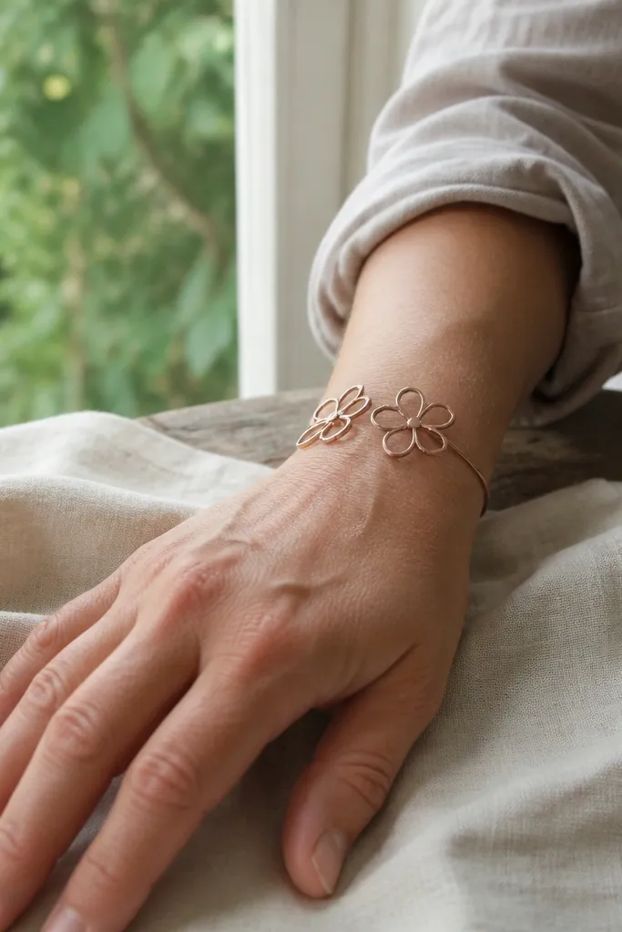 Open-petal peony buds arranged along the wrist with light dot centers