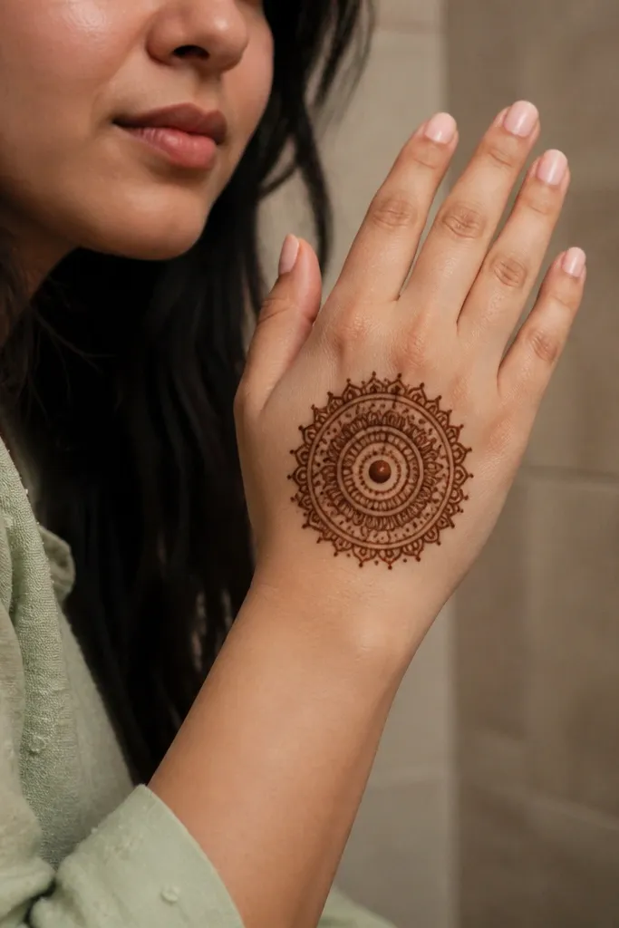 A mini mandala ring around a central dot with small petal loops on back hand
