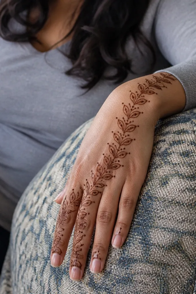 Leaf arches running from wrist to knuckles with empty open centers on back hand