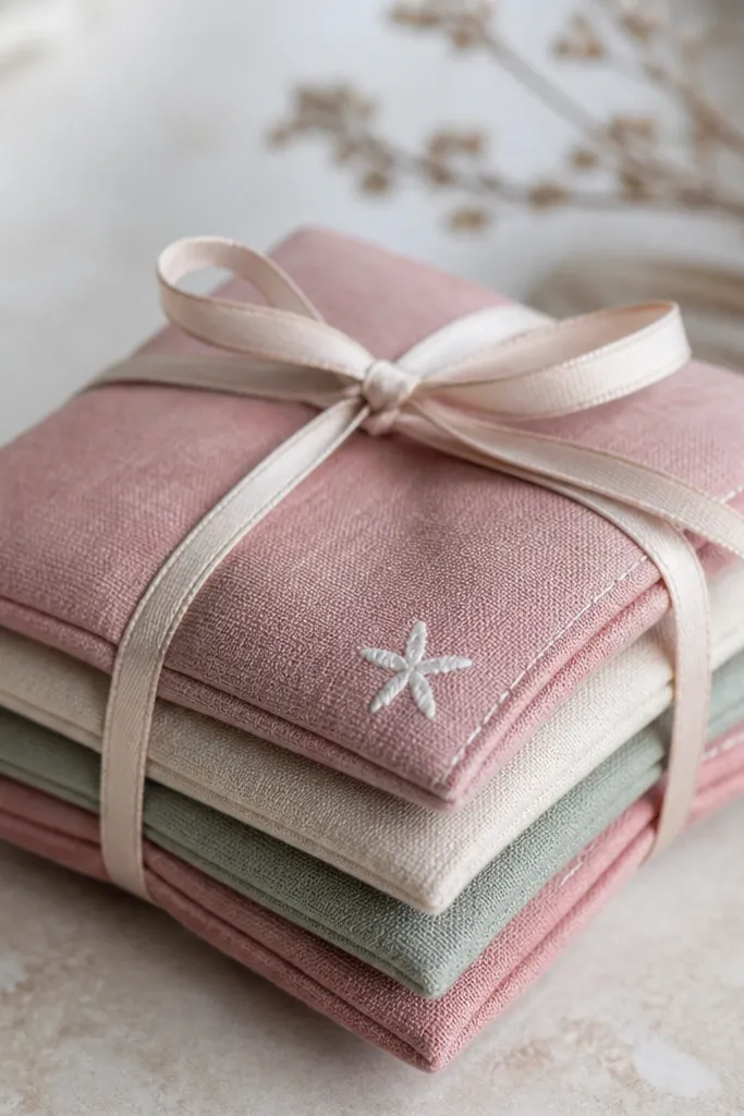 Four small fabric sachets folded into a neat stack, each one a square of cotton in dusty rose, cream, and muted sage, tied with thin satin ribbon. The top corners have tiny stitched hems, and one sachet shows a small embroidered star in white thread.