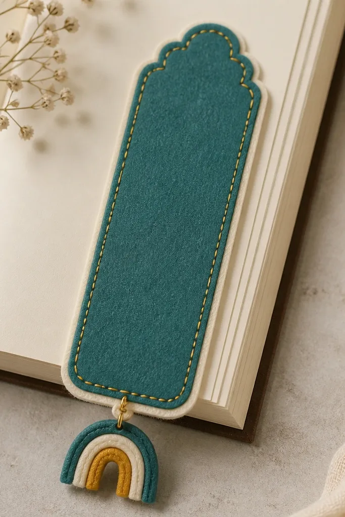 A felt bookmark about 6 inches tall with layered pieces: a teal top layer, a cream backing, and a small rainbow name charm at the bottom. The edges are clean and trimmed, with a single row of decorative stitching in gold thread.